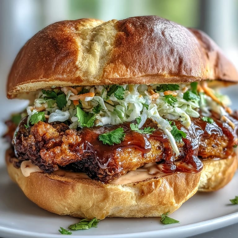 This Thai Fried Chicken Sandwich features crispy, spicy chicken layered with crunchy veggies inside a toasted bun.