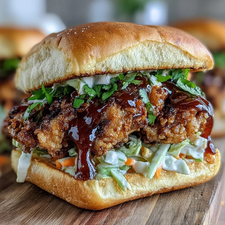 A close-up view of a Thai Fried Chicken Sandwich with sriracha mayo, shredded cabbage, and vibrant pickled carrots.