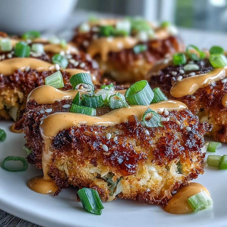 Close-up of a bite-sized Asian-Style Tuna Cake on a fork, revealing flaky tuna and green onions, perfect for a quick lunch.