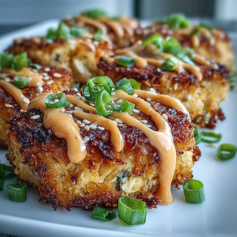 Nine freshly pan-fried Asian-Style Tuna Cakes arranged on a white plate, drizzled with creamy spicy mayo and sprinkled with sesame seeds.