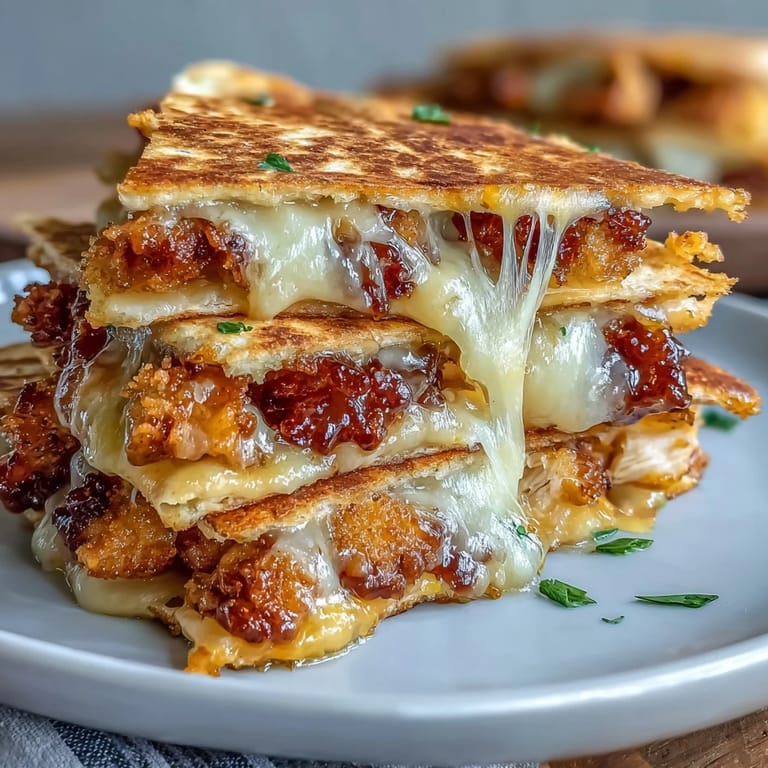 A close-up of crispy, butter-grilled Cheesy Hot Honey Chicken Quesadillas highlighting the sticky, sweet, and spicy glaze.