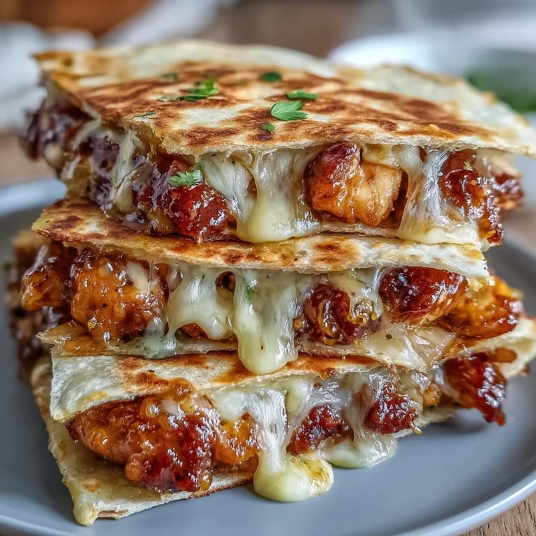 Creamy jalapeño sauce and fresh cilantro garnish these saucy Cheesy Hot Honey Chicken Quesadillas on a plate.