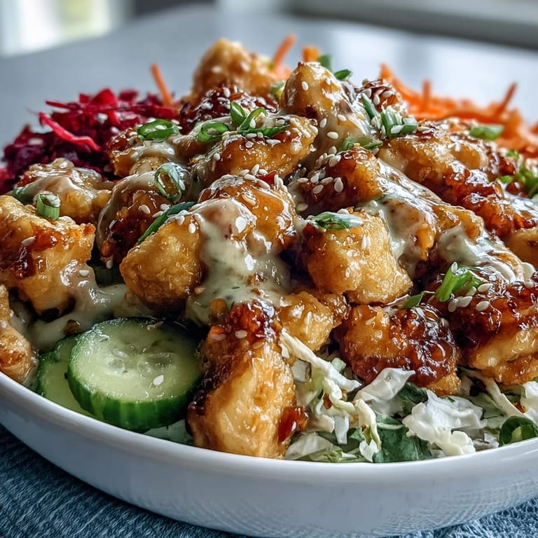 Colorful Bang Bang Chicken Bowl with tender chicken, crisp veggies, and rice, garnished with green onions and cilantro, ready to enjoy.