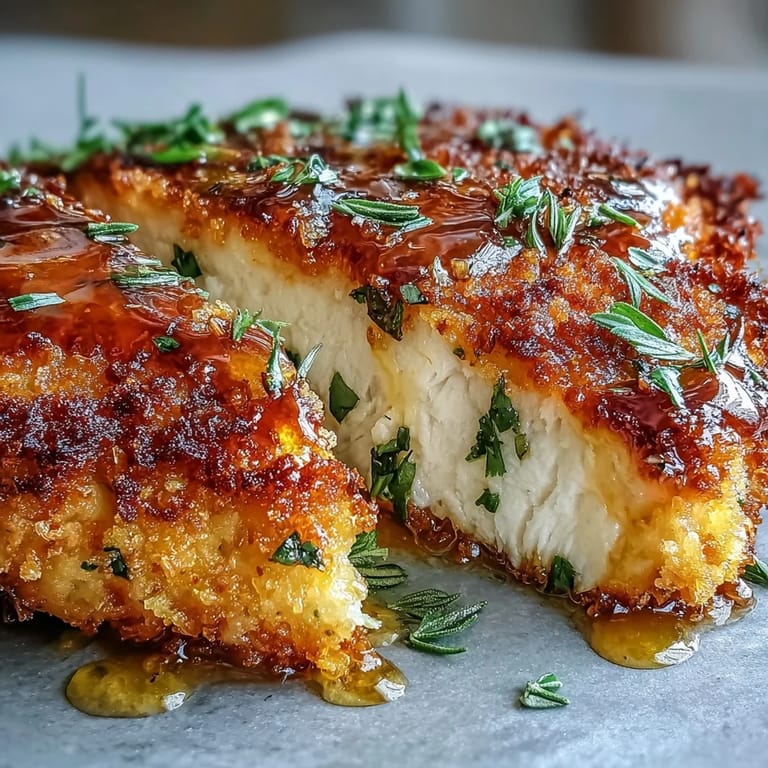 Crunchy, golden parmesan-crusted chicken breasts topped with a silky, buttery lemon sauce and fresh parsley on a rustic dinner plate.