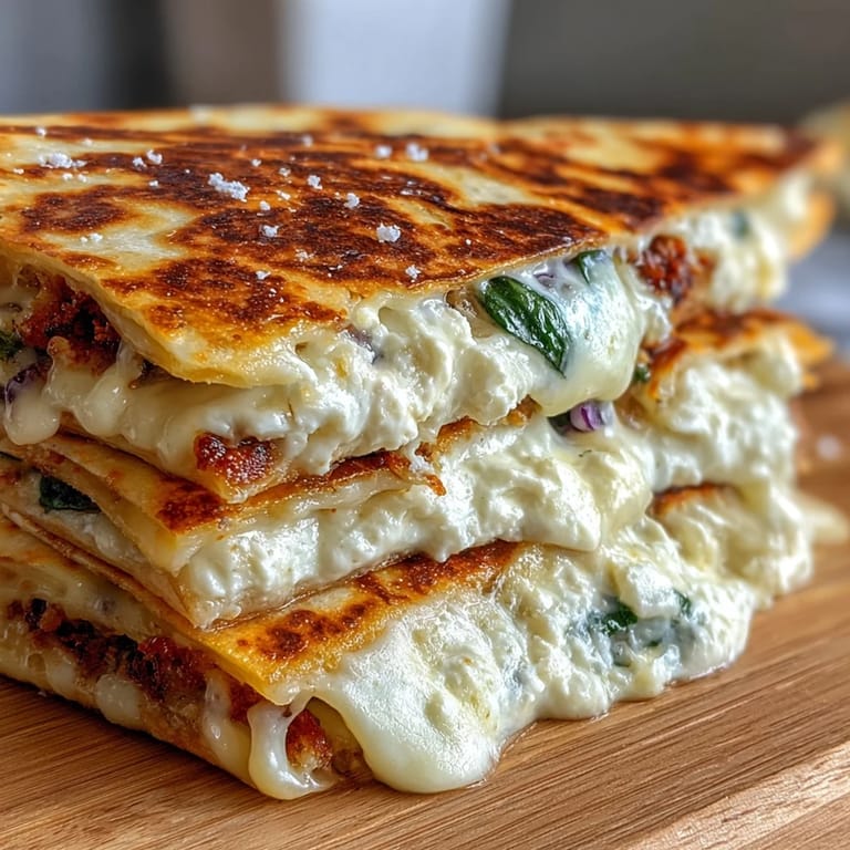 Freshly cooked Mediterranean quesadilla wedges featuring melted mozzarella and red onion slices on a rustic serving plate.