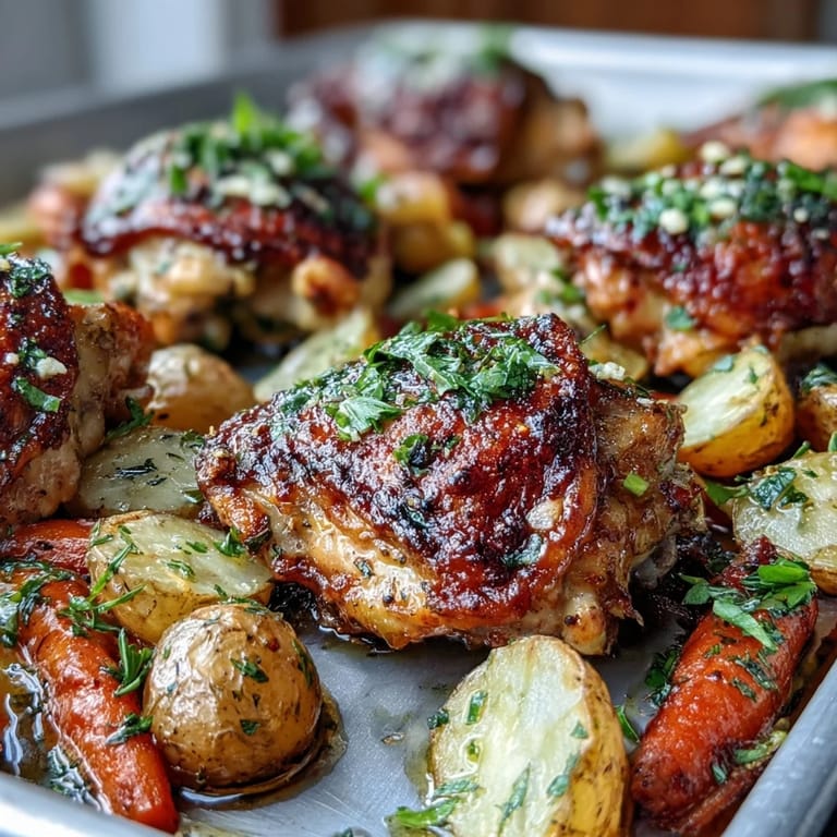 Fragrant ranch seasoning coats juicy bone-in chicken thighs and caramelized veggies straight from the oven.
