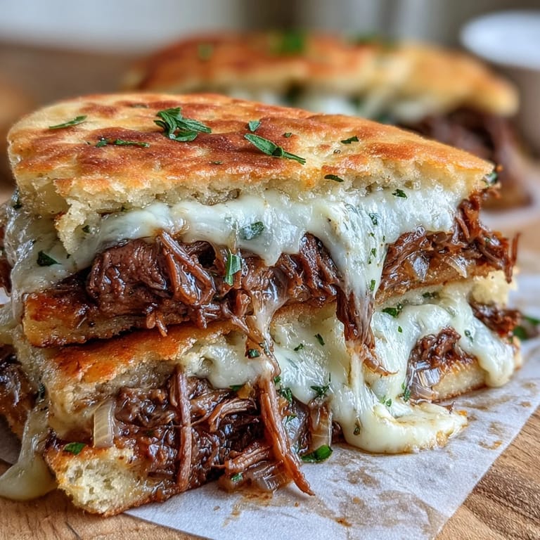 Melted provolone and mozzarella bubbling over tender pot roast inside fluffy garlic naan bread for a savory French dip style sandwich.