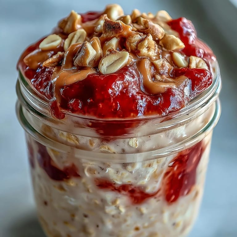 Visually appealing High-Protein Peanut Butter & Jelly Overnight Oats topped with sliced strawberries and crushed peanuts on a rustic wooden table.