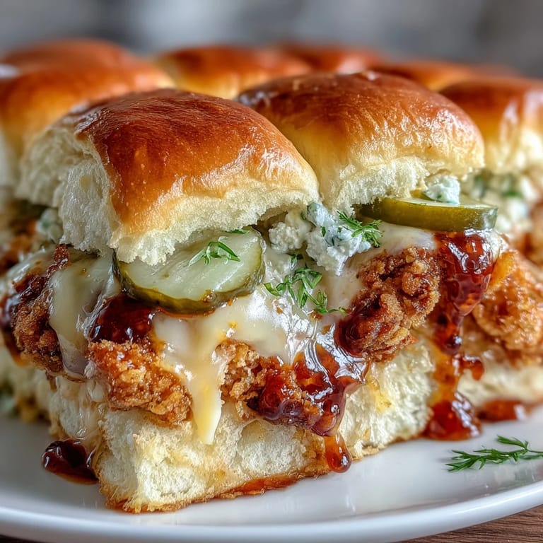 Close-up view of a cheesy Spicy Honey Butter Chicken Sandwich Bake, revealing tender chicken, melted cheese, and crisp dill pickles inside.