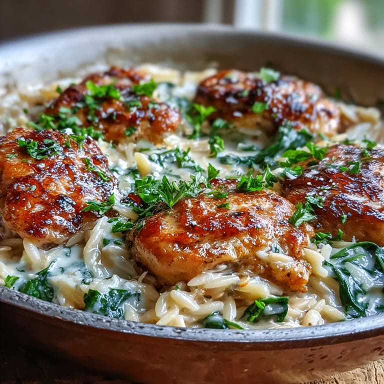 Juicy seared chicken and silky garlic Parmesan cream sauce coat orzo in this One-Pot Creamy Garlic Parmesan Chicken Orzo, garnished with fresh parsley.
