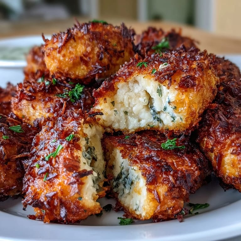 Crispy Asiago Panko Chicken Bites served with creamy dipping sauce on a plate.