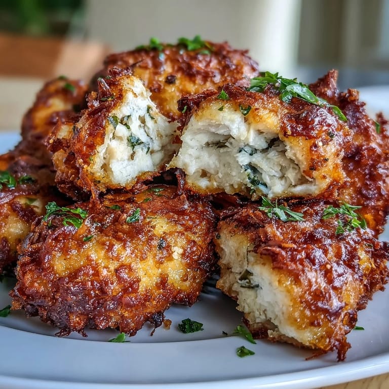Freshly baked Asiago Panko Chicken Bites garnished with herbs for a delicious appetizer.