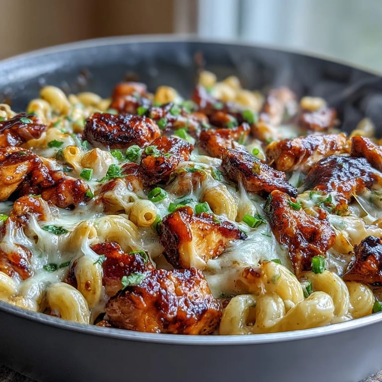 Sticky Honey BBQ Chicken Pasta Skillet is served straight from the pan, garnished with scallions.