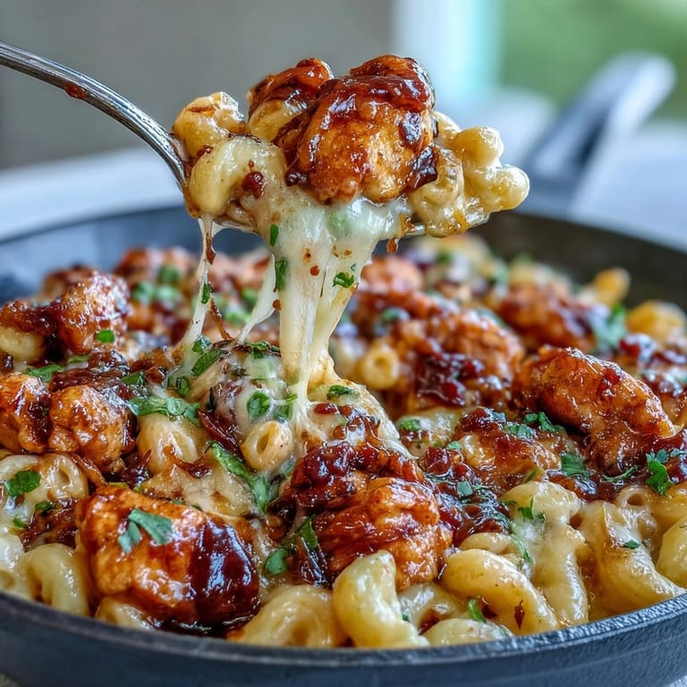 Cheesy macaroni and glazed chicken create a comforting weeknight meal for four in a cast-iron skillet.