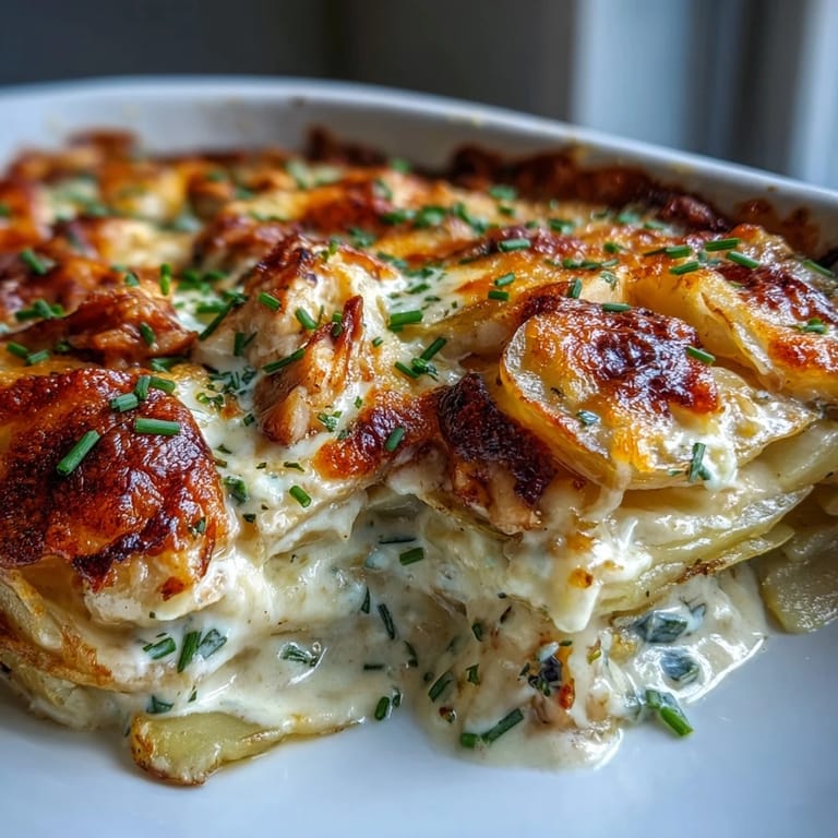 A close-up shows a spoonful of Creamy Ranch Chicken Potato Bake lifted from the hot dish, revealing creamy sauce and juicy chicken.