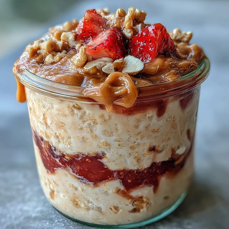 Spoon-ready High-Protein Peanut Butter & Jelly Overnight Oats topped with fresh berries.