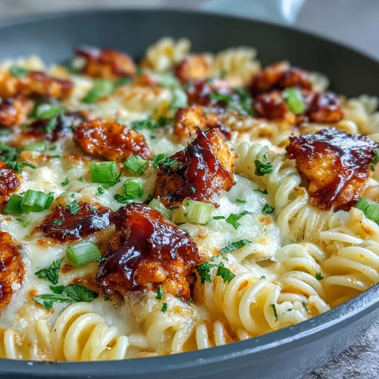 Bubbling skillet of Sticky Honey BBQ Chicken Pasta Skillet topped with parsley, serving four for an easy weeknight dinner.