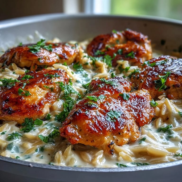A close-up of creamy One-Pot Creamy Garlic Parmesan Chicken Orzo, garnished with fresh parsley and extra Parmesan.