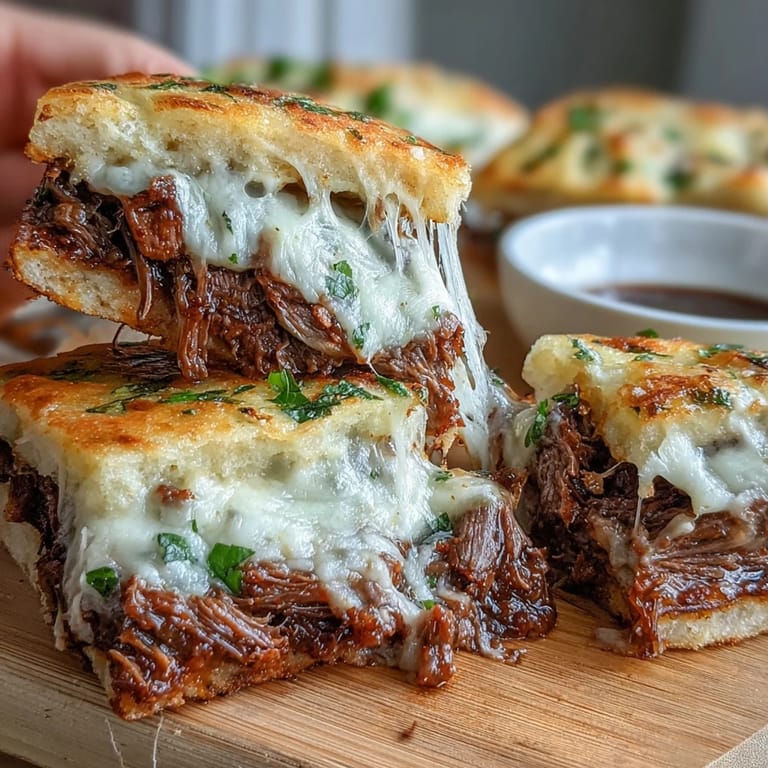 A golden-brown Slow Cooker Beef & Garlic Naan Melt is ready to be dipped in rich au jus.