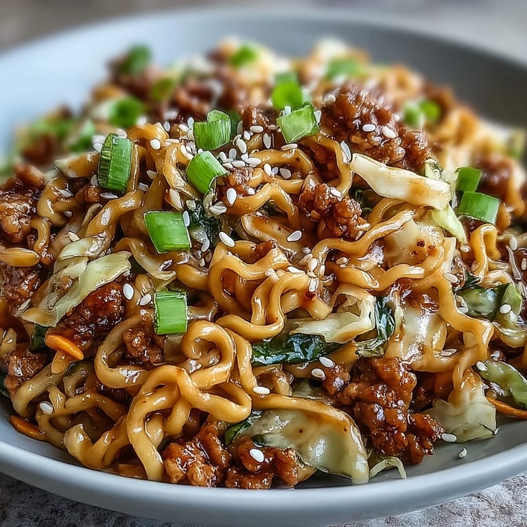 A skillet of Creamy Potsticker Noodle Stir-Fry blends crunchy coleslaw mix, noodles, and savory sauce for a quick meal.