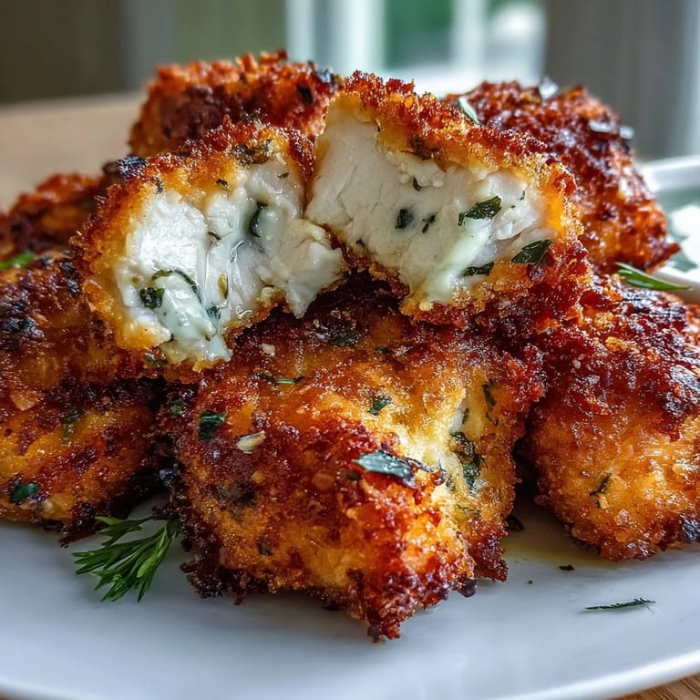 Freshly baked Asiago Panko Chicken Bites arranged over a bed of crisp green salad greens. 
