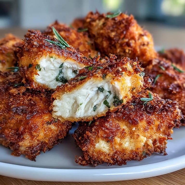 A close-up view of Asiago Panko Chicken Bites revealing tender white meat and a golden crust.