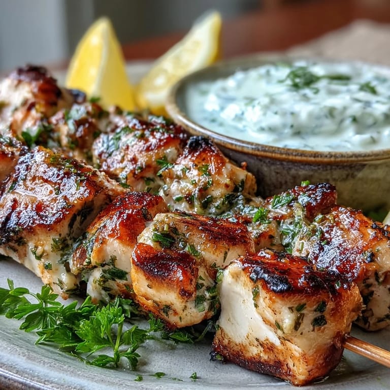 Perfectly charred Mediterranean chicken skewers dipped in creamy, homemade cool tzatziki sauce for a healthy summer meal.