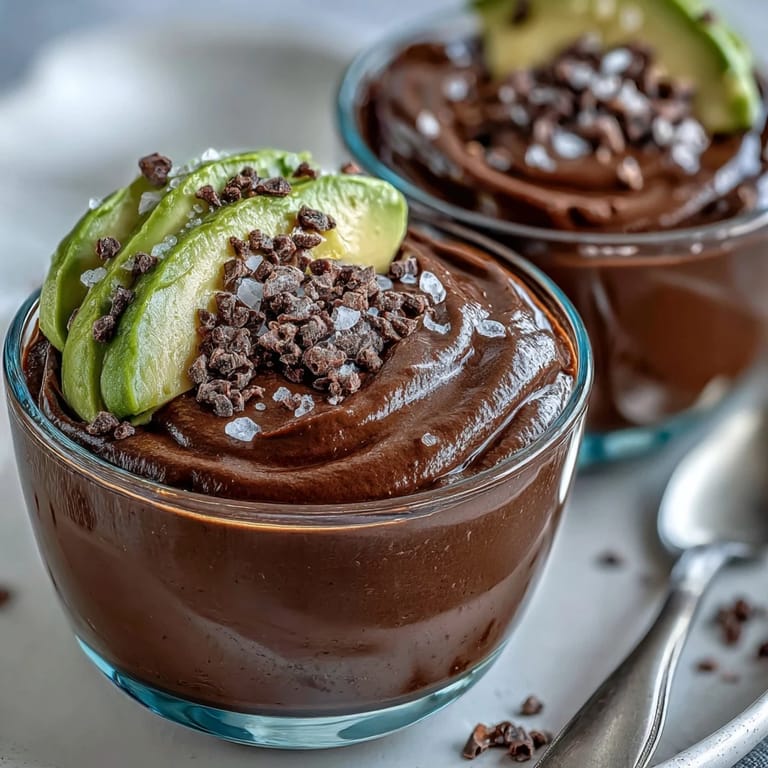 A close-up view of a chilled Vegan Chocolate Avocado Mousse Cup topped with crunchy, maple-glazed cacao nibs and sea salt.