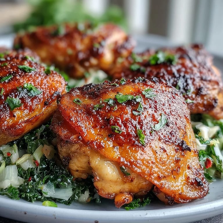 Plated Keto Crispy Chicken Thighs with Lemon Butter Cabbage Slaw beside a white wine glass.