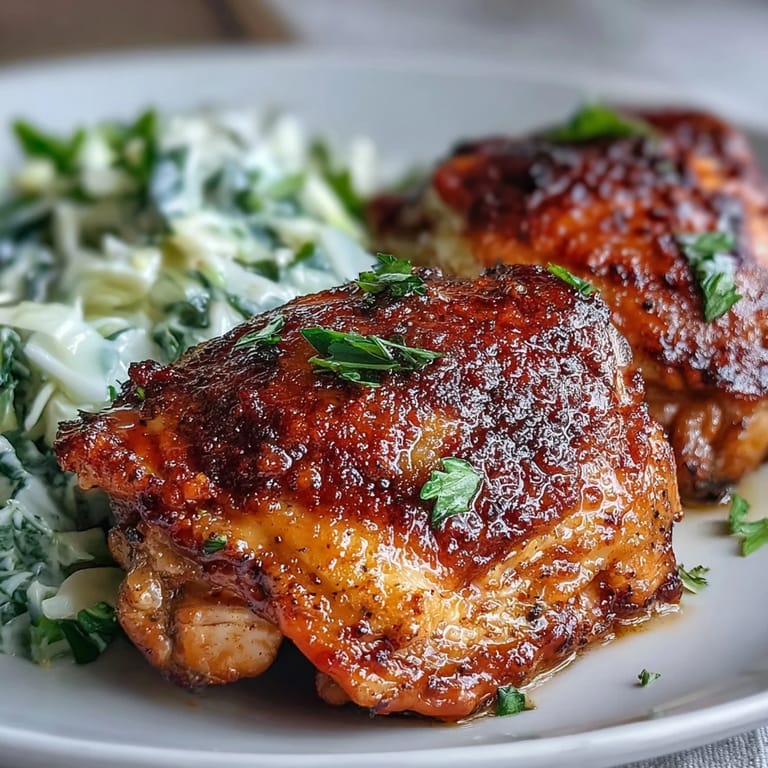 Freshly tossed lemon butter cabbage slaw garnishes crispy skin-on chicken thighs for dinner.
