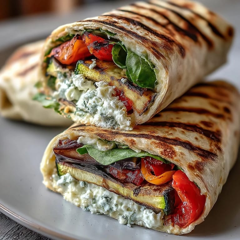 Freshly rolled Mediterranean Grilled Vegetable Wraps with Hummus and Feta, cut in half to reveal the creamy spread and vibrant fillings.