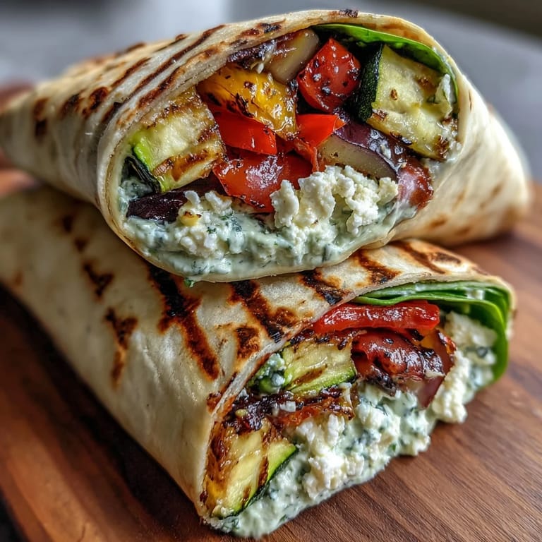 Assembled Mediterranean Grilled Vegetable Wraps with Hummus and Feta, filled with spinach and tomatoes, served on a rustic wooden board.