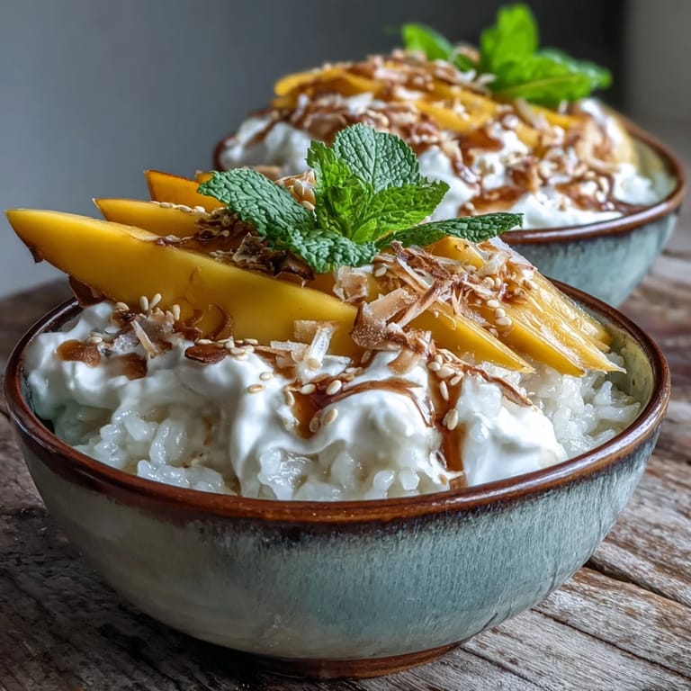 Morning light shows luscious Vegan Mango Sticky Rice Breakfast Bowls with Coconut Cream, garnished with sesame seeds.