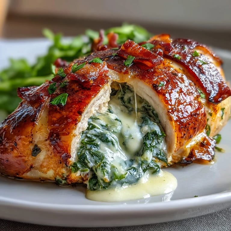Tender sliced Keto Spinach and Bacon Stuffed Chicken Breasts reveal a creamy, cheesy filling with crispy bacon pieces inside.