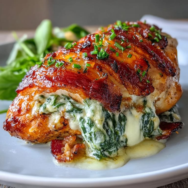 Freshly baked Keto Spinach and Bacon Stuffed Chicken Breasts on a white plate with roasted asparagus and lemon wedges.
