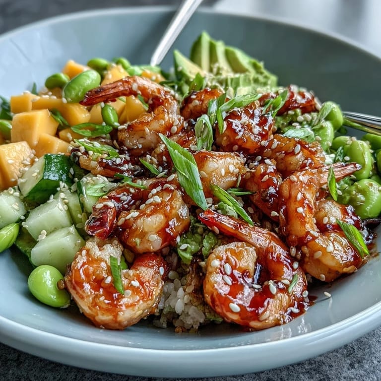 A close-up of 20-Minute Shrimp Poke Bowl with Mango and Edamame drizzled with spicy poke sauce.