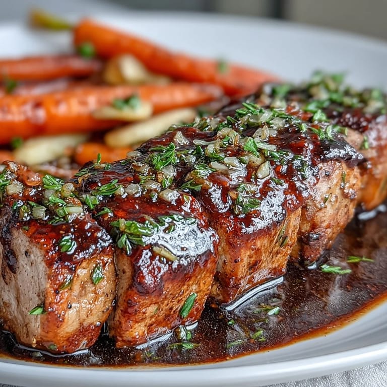 Slice of One-Pan Honey Balsamic Pork Tenderloin with Rainbow Carrots over creamy mashed potatoes, drizzled with pan juices.