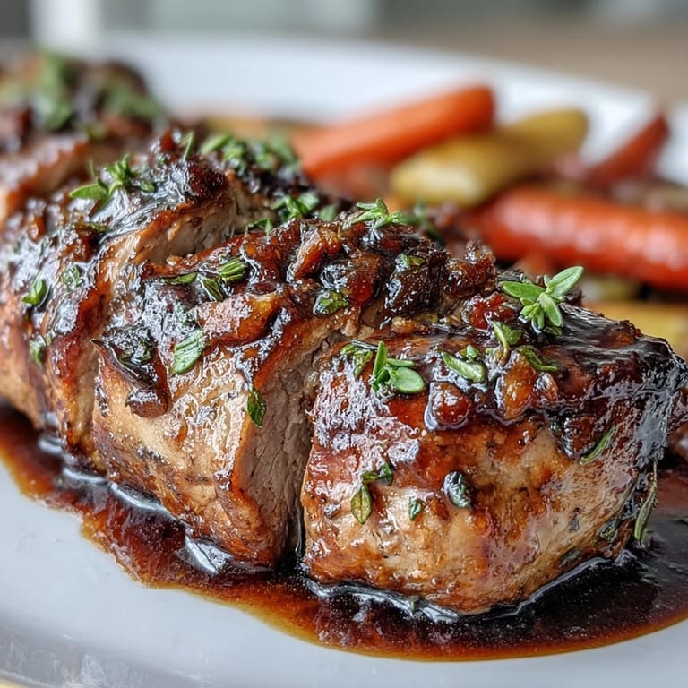 Roasted One-Pan Honey Balsamic Pork Tenderloin with Rainbow Carrots on a baking sheet, garnished with fresh thyme for dinner.