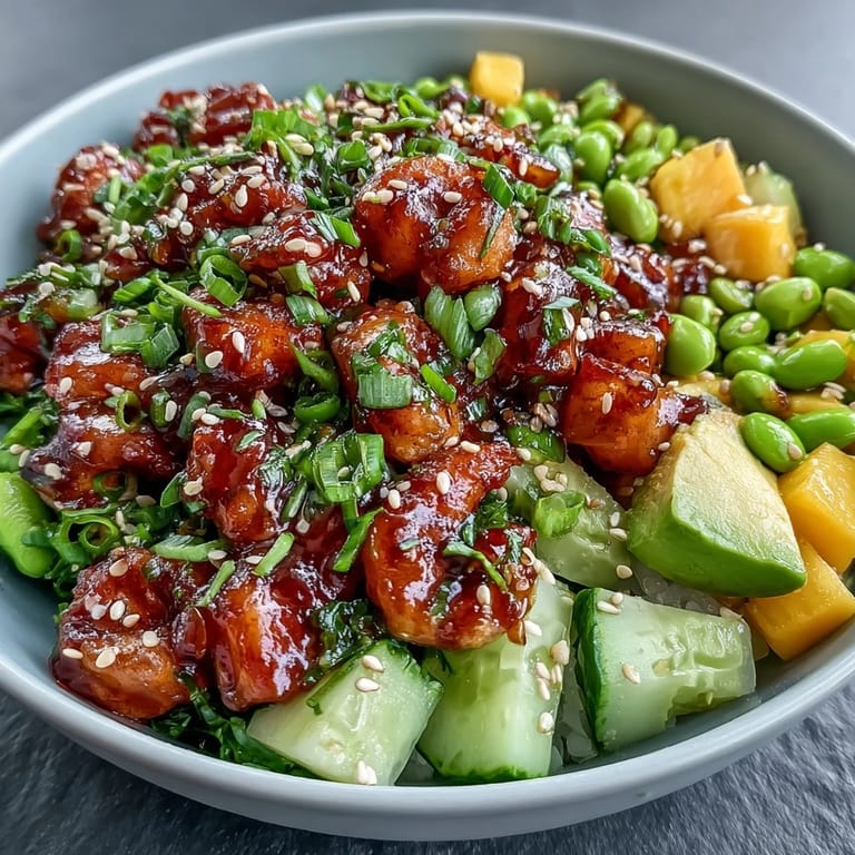 A close-up of 20-Minute Shrimp Poke Bowl with Mango and Edamame drizzled with spicy poke sauce.