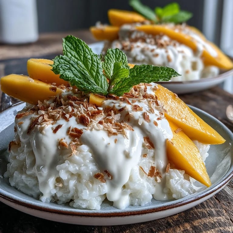Sliced mango and creamy drizzle top warm Vegan Mango Sticky Rice Breakfast Bowls with Coconut Cream for breakfast.