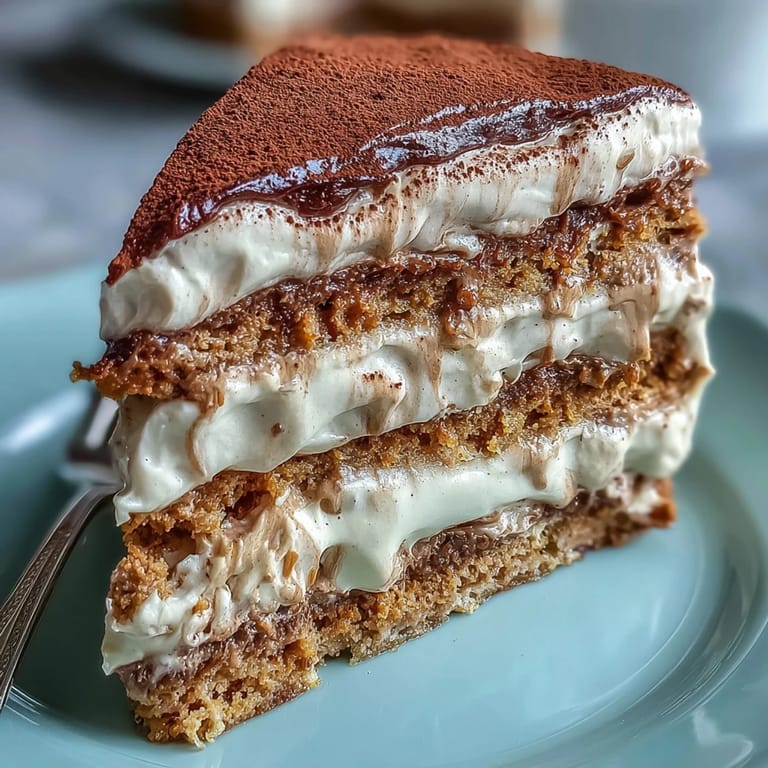 Slice of moist hojicha cake with creamy filling, served on a white plate highlighting its delicate texture and smoky flavor.