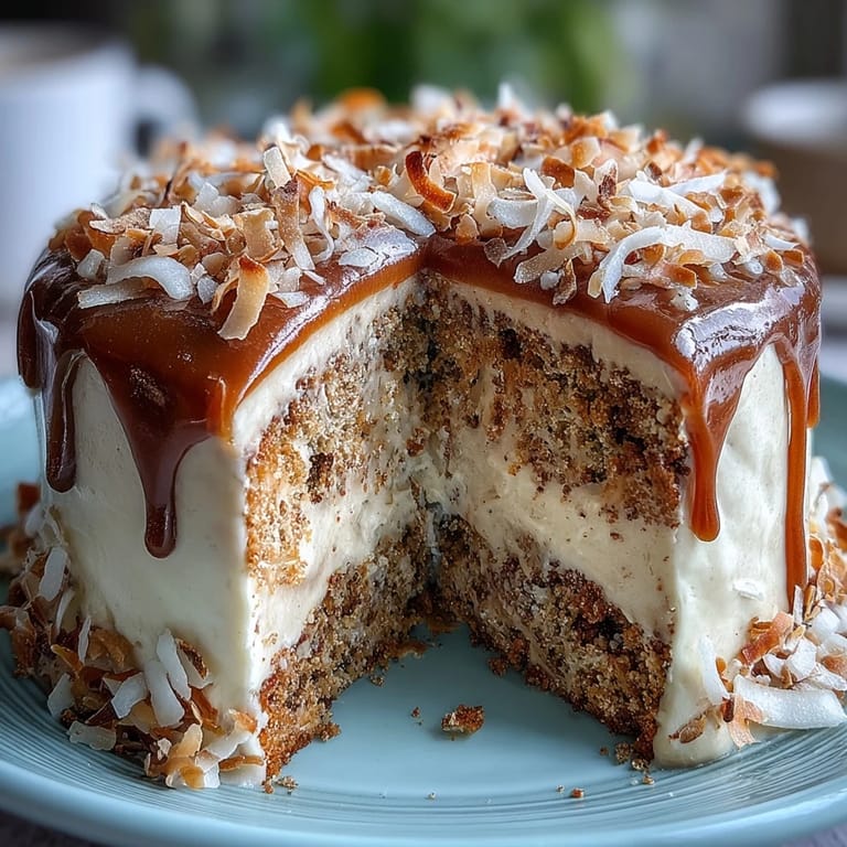 Elegant Japanese-inspired hojicha latte cake layered with fluffy coconut frosting, garnished with toasted coconut and hojicha dust.  