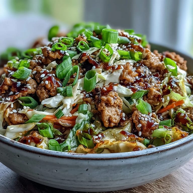 Tender ground turkey and crisp cabbage tossed in sesame oil for this quick Keto Egg Roll in a Bowl.