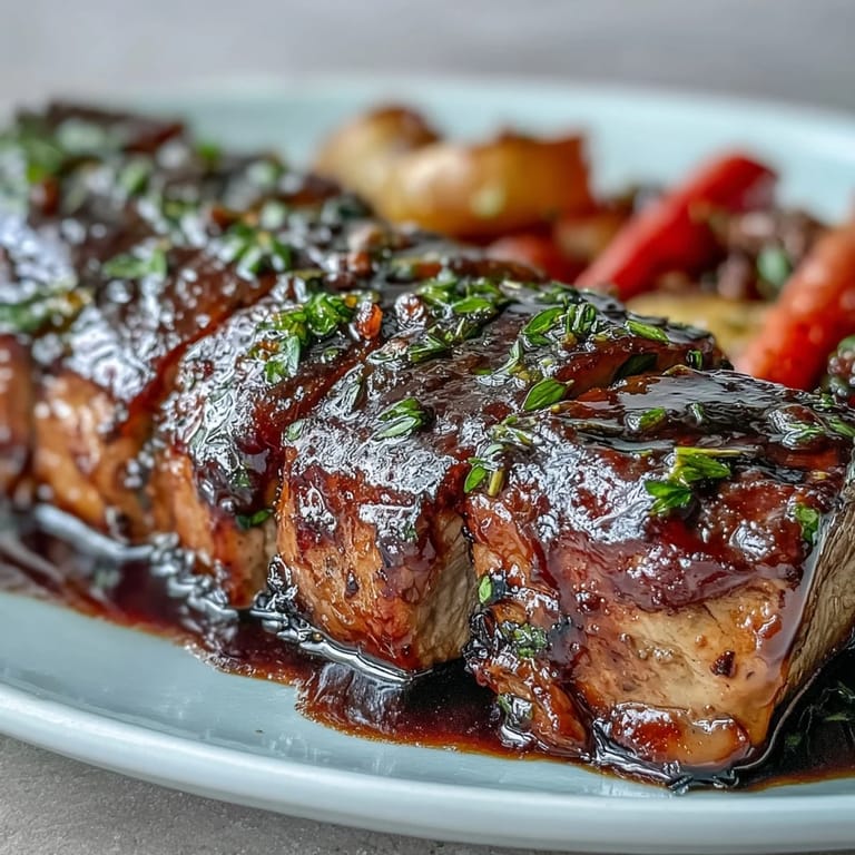 Slice of One-Pan Honey Balsamic Pork Tenderloin with Rainbow Carrots over creamy mashed potatoes, drizzled with pan juices.