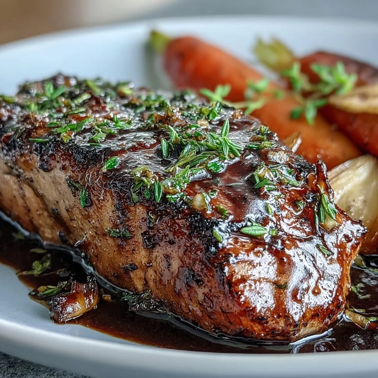 Roasted One-Pan Honey Balsamic Pork Tenderloin with Rainbow Carrots on a baking sheet, garnished with fresh thyme for dinner.