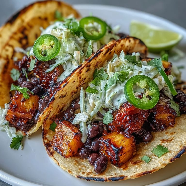 Sweet and savory pineapple black bean tacos with smoky spices, served with zesty coconut lime cabbage slaw.