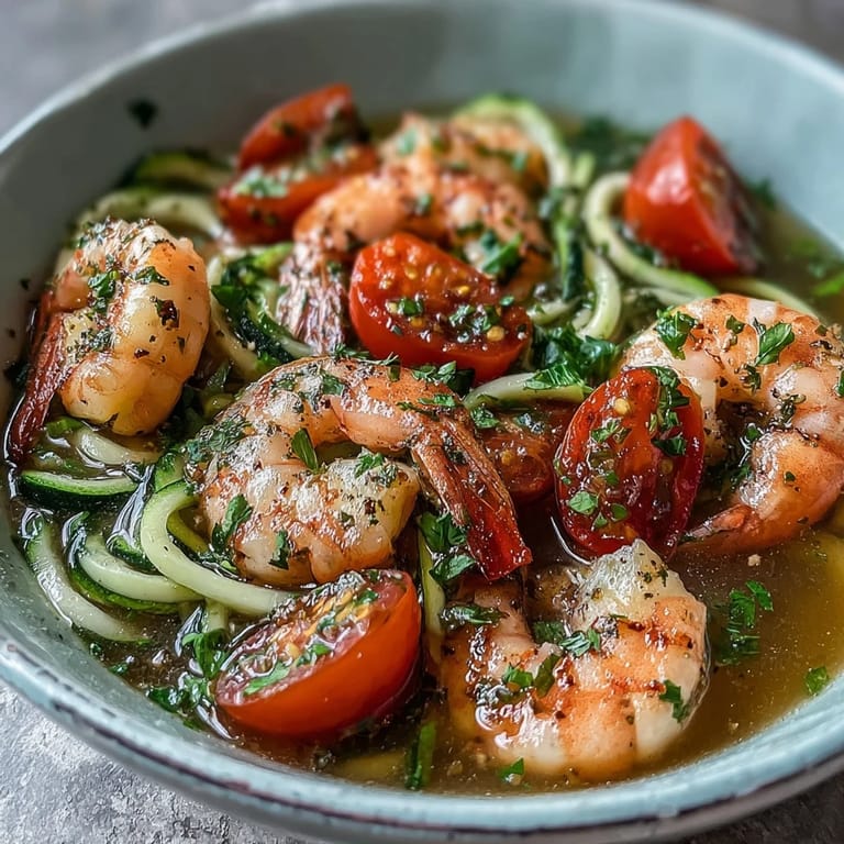 15-Minute Zucchini Noodle Shrimp Bowl with Lemon-Garlic Broth: Vibrant spiralized zucchini and succulent shrimp swim in a zesty lemon-garlic broth, with a sprinkle of red pepper flakes for subtle heat.