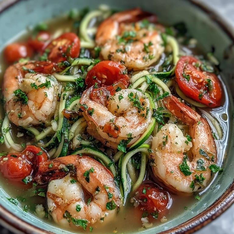 15-Minute Zucchini Noodle Shrimp Bowl with Lemon-Garlic Broth: Fresh zucchini noodles tossed with juicy shrimp and bright lemon-garlic broth, topped with chopped parsley and colorful cherry tomatoes.