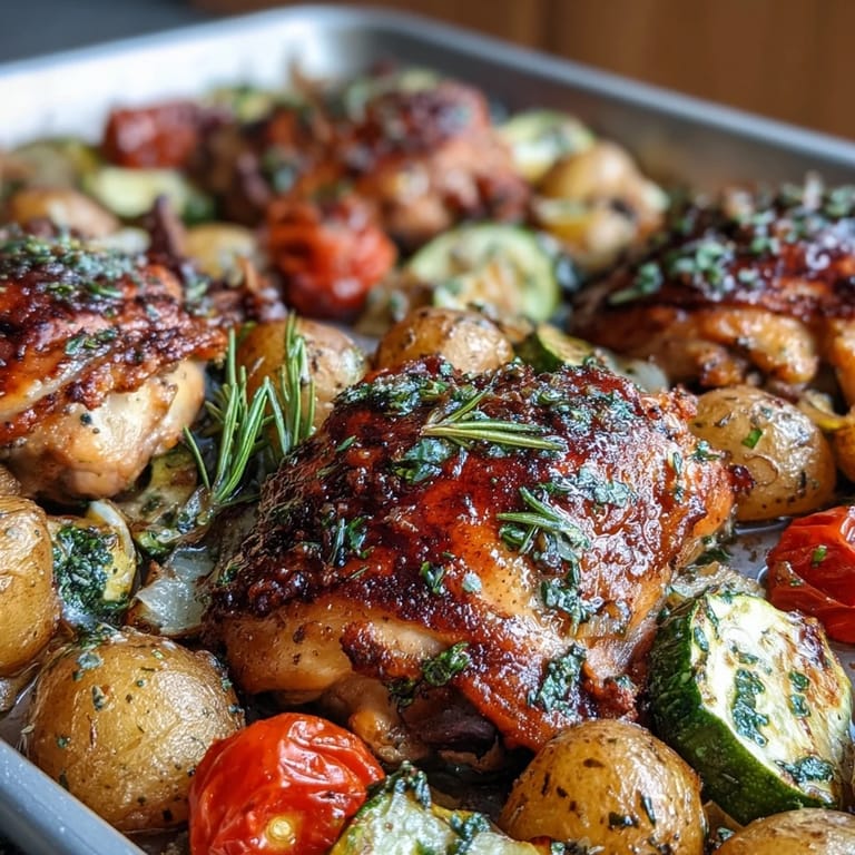 Juicy chicken thighs, tender zucchini, and crispy lemon-herb potatoes on a single sheet pan for an easy Mediterranean dinner.  