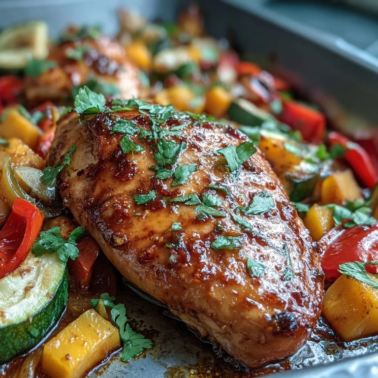 Spicy one-pan chicken dinner featuring tender mango chunks, roasted vegetables, and a chili-lime marinade for bold flavor.